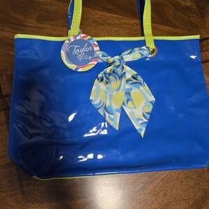 Taylor Blue Tote with Lime Trim and Patterned Scarf NWT